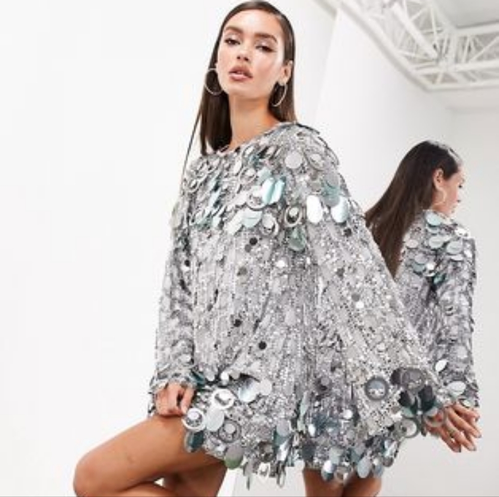 ASOS CURVE stacked multi sequin loose fit mini dress in gray